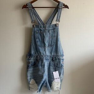 C’est Toi Denim Overall Shorts Distressed Festival Boho Size L NWT